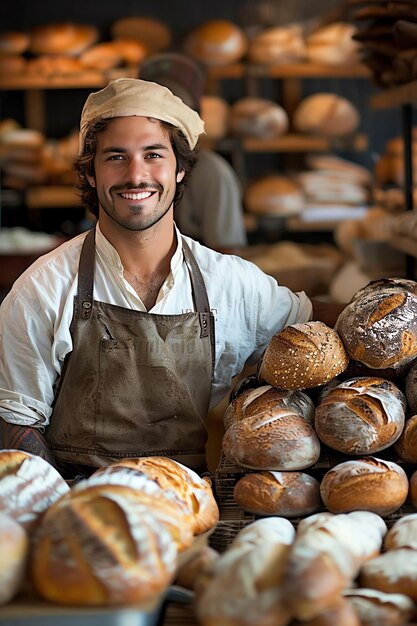 A friendly baker presenting an assortment of freshly baked bread