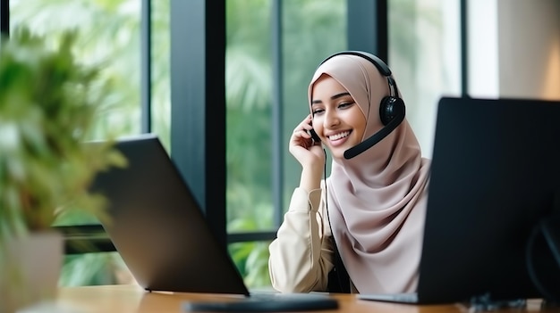 Friendly and beautiful Muslim female call center operator wearing a headset and hijab is answering an incoming call working in front of a laptopcomputer