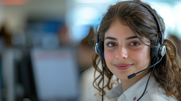 Photo friendly and beautiful turkish girl wearing headset and microphone working in call center