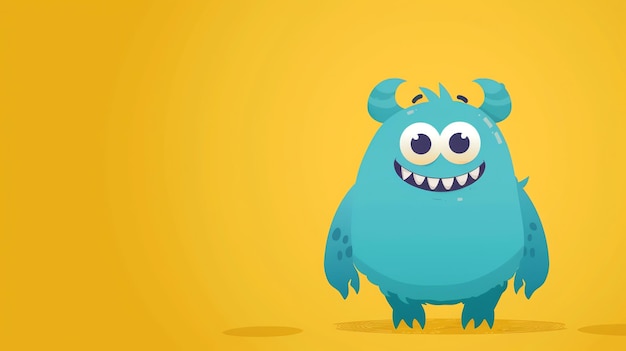 A friendly blue cartoon monster with big eyes and a toothy grin smiles at the viewer against a yellow background