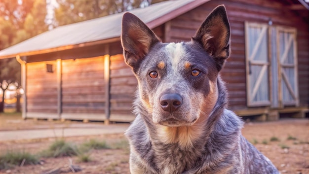 Photo a friendly blue heeler dog stares intently at the camera standing in front of a rustic wooden