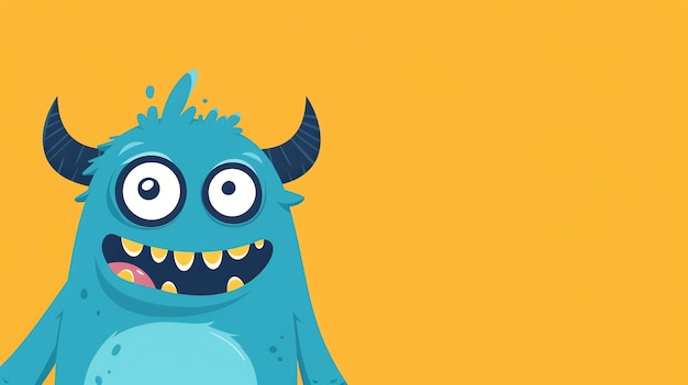 A friendly blue monster with big eyes and a toothy grin peeks from the left side of the frame against a bright yellow background