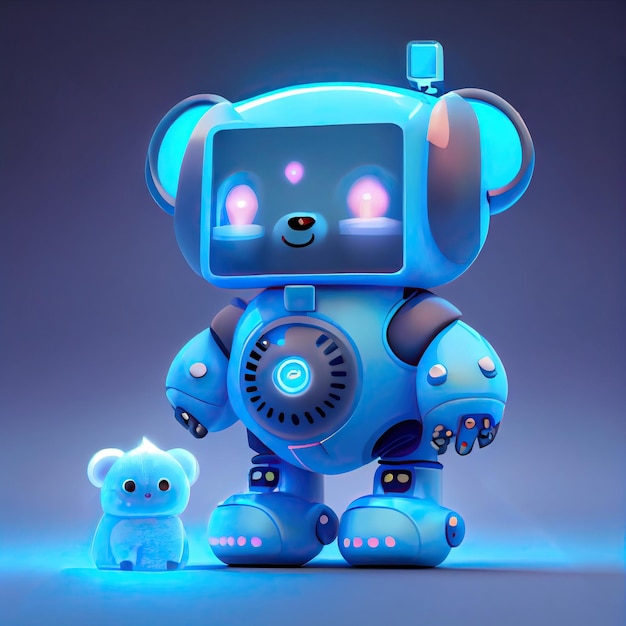 Friendly blue robotic toy with bear ears and cute kawaii style