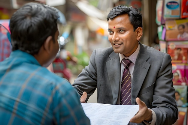 Friendly Businessman Engaging with Client in Outdoor Market Setting