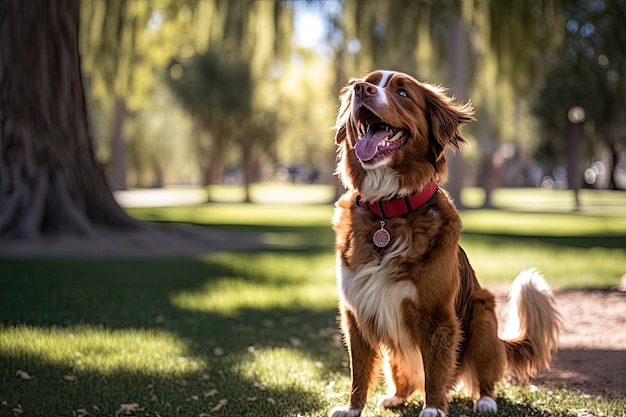 Friendly Canine with Paw Up and Bright Smile in Nature generative AI