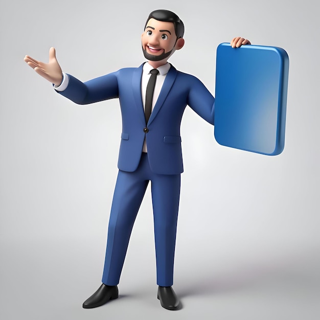 Photo a friendly cartoon businessman in a blue suit holding a blank blue square with an inviting gesture