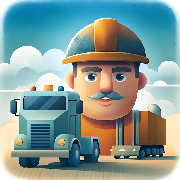 Photo a friendly cartoon truck driver stands next to his semi truck ready to haul cargo