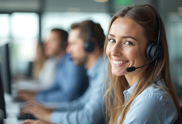 Photo friendly customer service team with headsets in office