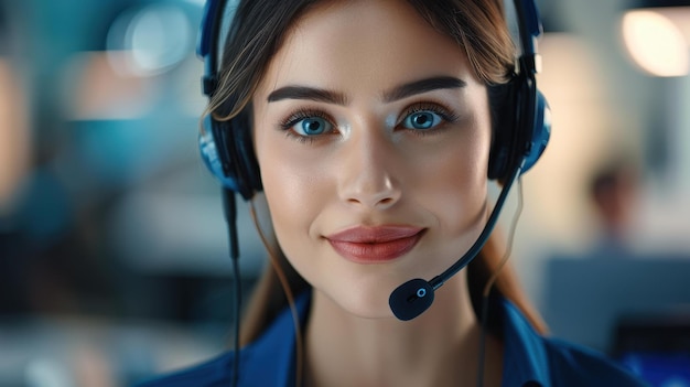 Friendly customer support operator with headset assisting clients in a call center setting