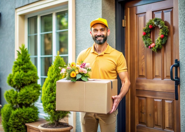 Photo friendly delivery man placing parcel at doorstep with a smile