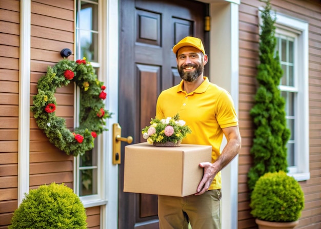 Friendly Delivery Man Placing Parcel at Doorstep with a Smile