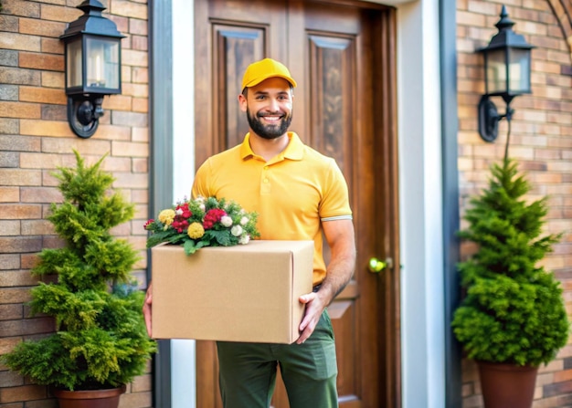 Photo friendly delivery man placing parcel at doorstep with a smile