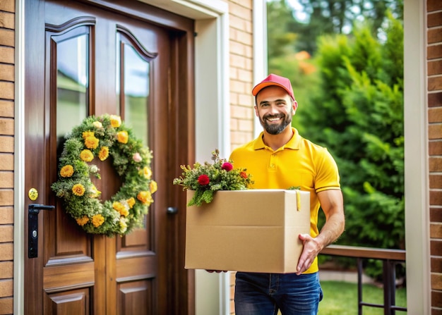 Friendly Delivery Man Placing Parcel at Doorstep with a Smile