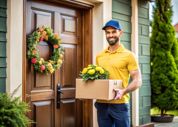 Photo friendly delivery man placing parcel at doorstep with a smile