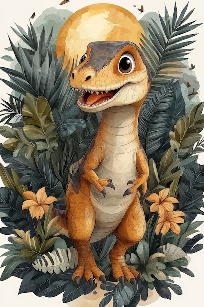 Friendly Dinosaur in Lush Tropical Foliage