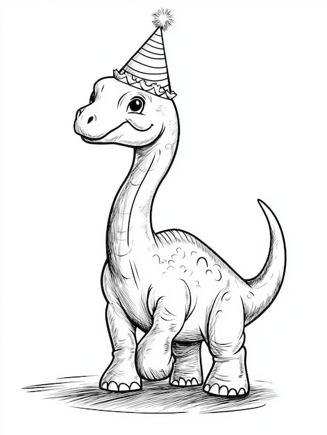 Friendly Dinosaur in Party Hat Coloring Page for Kids