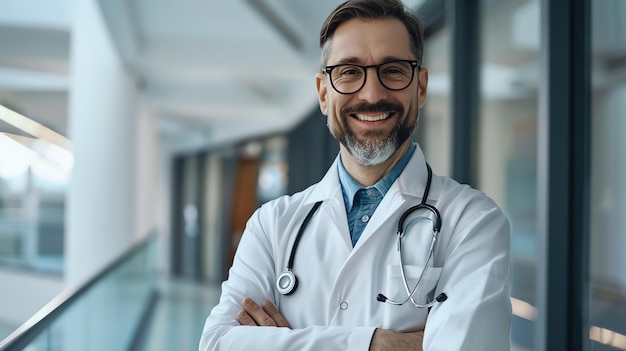 A friendly doctor smiles at the camera with his arms crossed