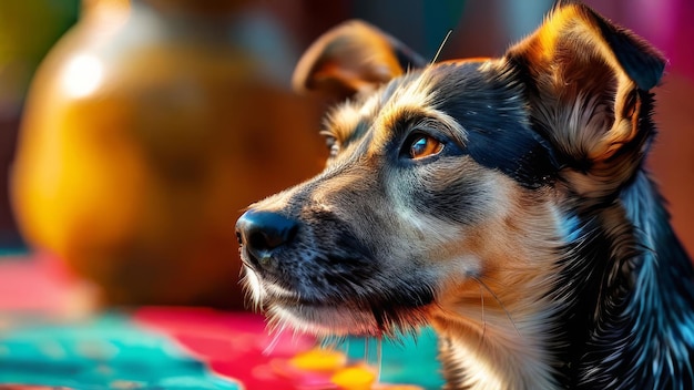 Friendly dog on colorful table