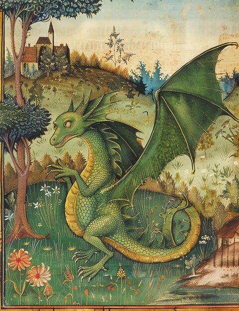 A friendly dragon in a meadow medival page Junk Journal