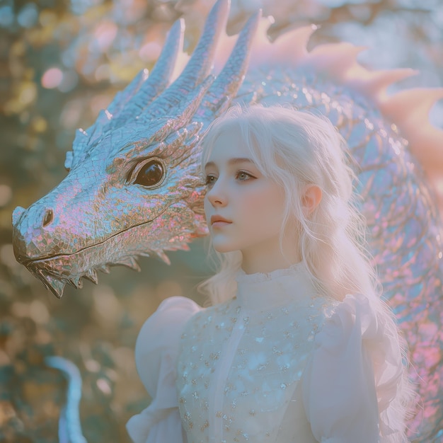 Photo friendly dragon pastel hues dreamlike atmosphere serene girl