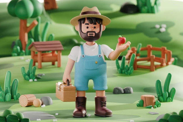 A Friendly Farmer Amidst Lush Greenery Holding a Red Apple and Toolbox