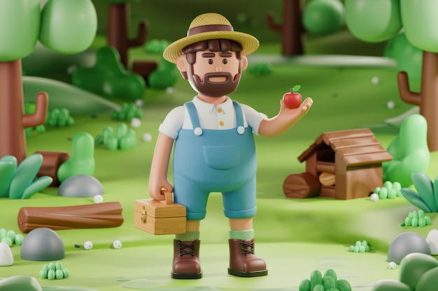 A Friendly Farmer Amidst Lush Greenery Holding a Red Apple and Toolbox