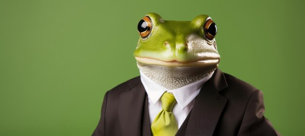 Photo friendly frog in business attire working in corporate studio setting on plain wall with copy space