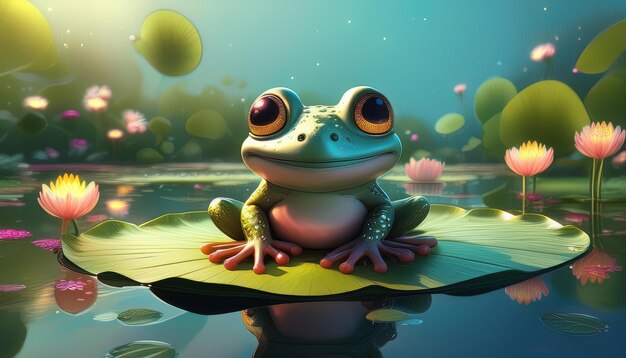 Photo a friendly frog sits on a lily pad in a pond