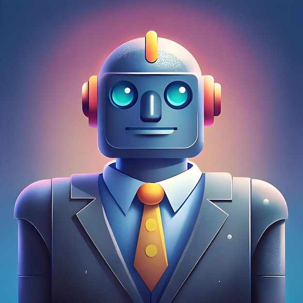 A friendly futuristic robot dressed in a business suit symbolizing automation and AI in the workplace