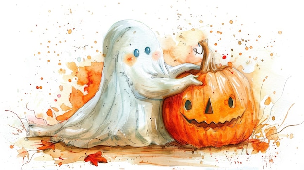 Friendly ghost character gently hugging and embracing a whimsical pumpkin in a dreamyethereal water