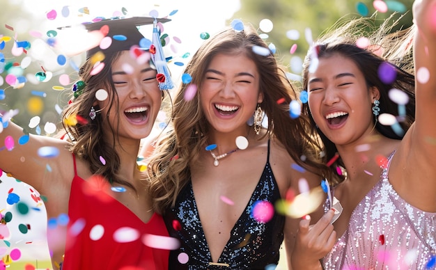 Friendly Graduation Celebration of Three Young Women Outdoors with Confetti