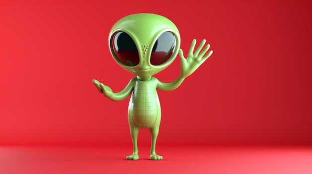 Photo a friendly green alien waves with a big smile against a red background