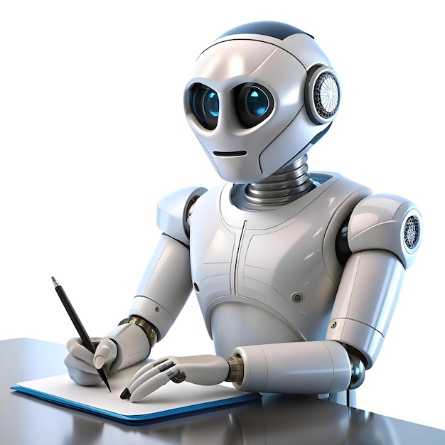 Photo a friendly humanoid robot sits at a desk diligently writing on a sheet of paper