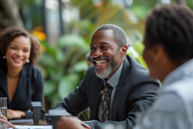 Friendly informal business meeting business people laughing together