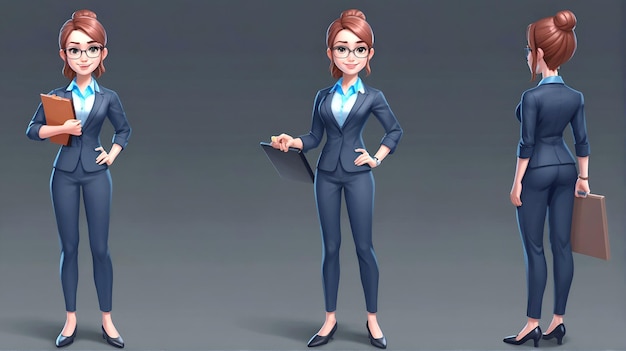 Friendly kind business woman standing full length holding pen and clipboard