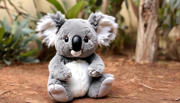 Photo friendly koala plush toy in natural setting