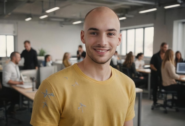 Friendly man smiling in a busy office wearing a yellow tshirt casual and upbeat work atmosphere