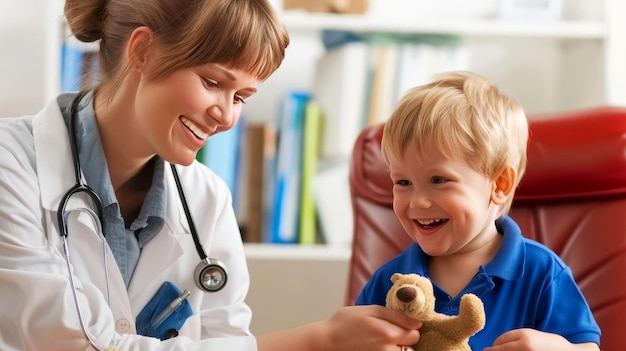 Photo friendly pediatrician sharing a moment with a joyful toddler during a medical checkup