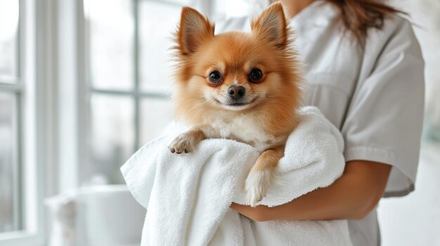 Photo a friendly pet groomer holding a small pomeranian