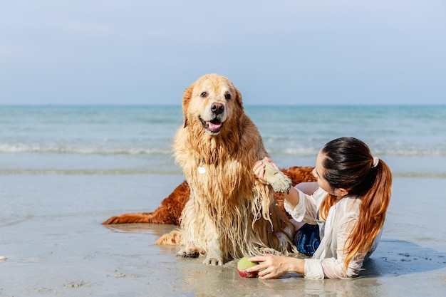 Friendly pets The woman and golden retriever family spending relaxation on tropical beach