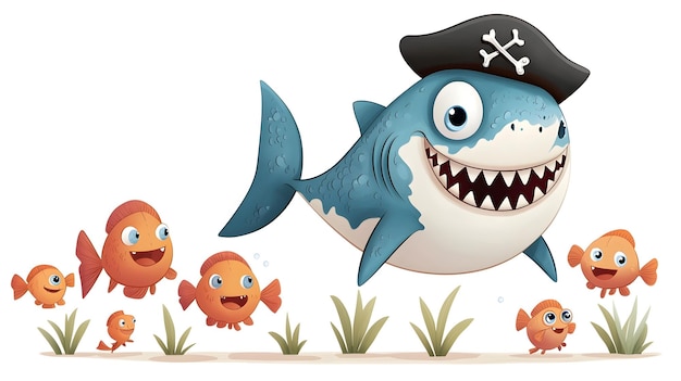 Friendly Pirate Shark Leads Playful School of Fish in Underwater Adventure