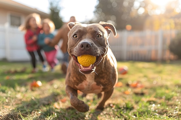 Photo a friendly pitbull playing fetch with happy family in sunlit backyard dog is running with ball in mouth children laughing scene is brightly lit neutral green lawn and white fence