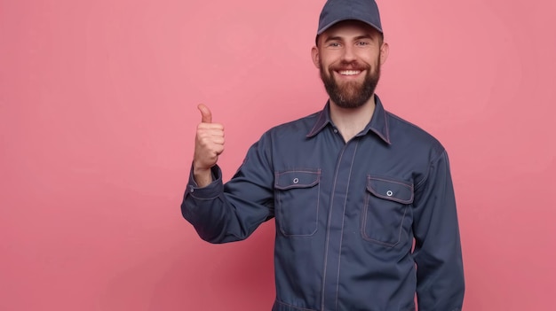 friendly plumber in dark uniform giving a thumbs up on pink background