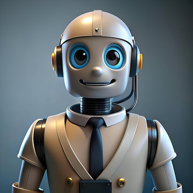 Friendly robot assistant wearing a tie and headset perfect for illustrating automation customer service or AI in the workplace