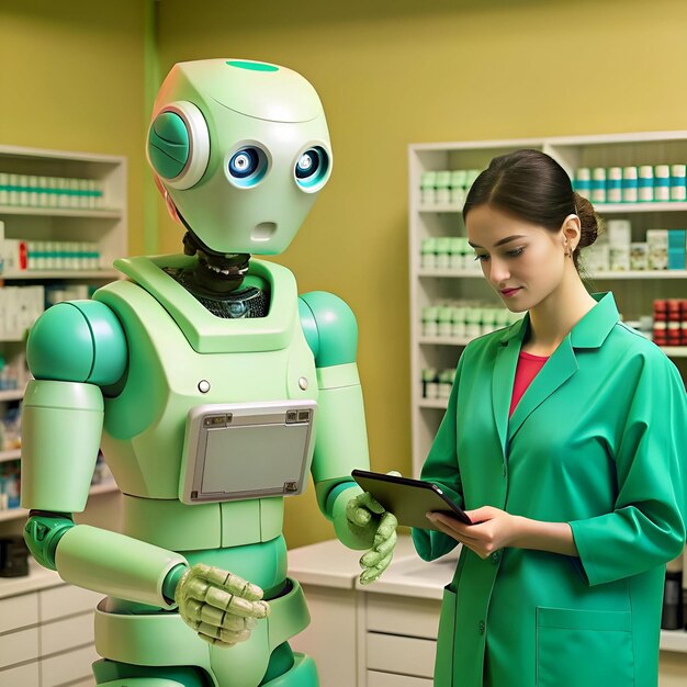 Photo a friendly robot assists a pharmacist in a modern pharmacy setting