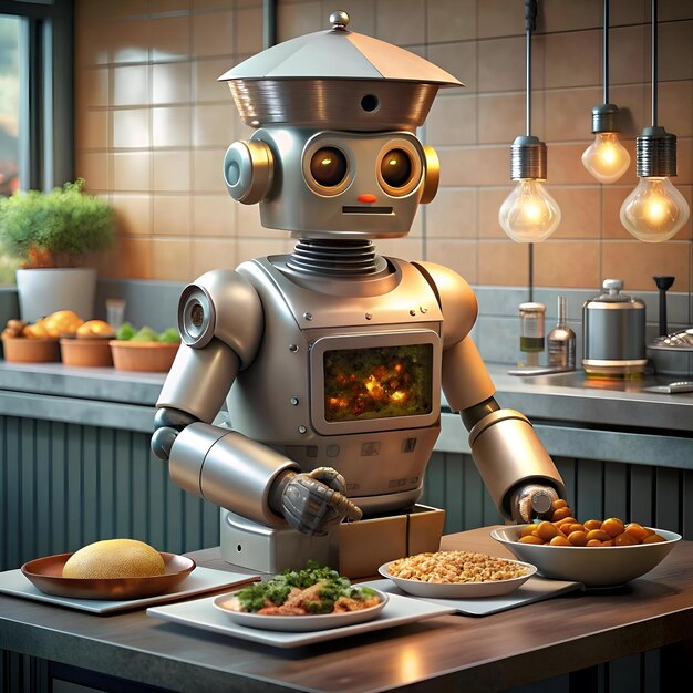 A friendly robot chef in a toque hat serves up a plate of delicious food in a modern kitchen