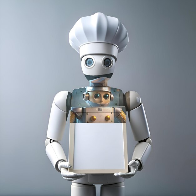 A friendly robot chef wearing a white toque holds a blank sign perfect for your culinary messaging