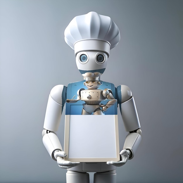 Photo a friendly robot chef in a white toque holds a blank sign perfect for your food related message