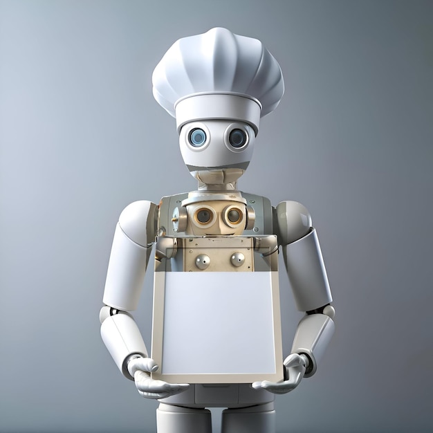 A friendly robot chef in a white toque holds a blank sign ready for your message