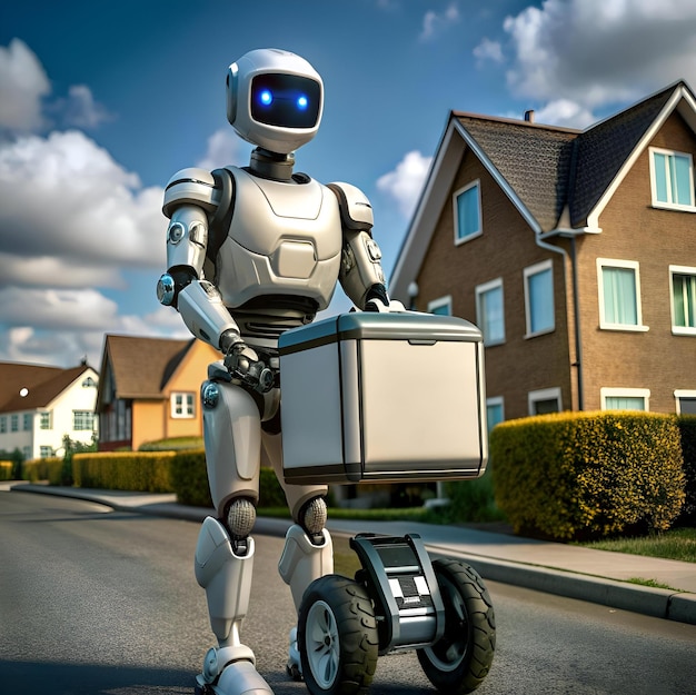 A friendly robot delivery driver delivers a package to a customers doorstep